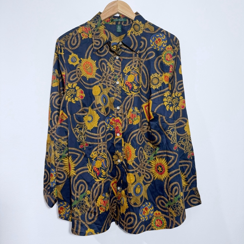 Lauren Ralph Lauren Women's Equestrian-Print Boat Neck Top Tan Multi Size M